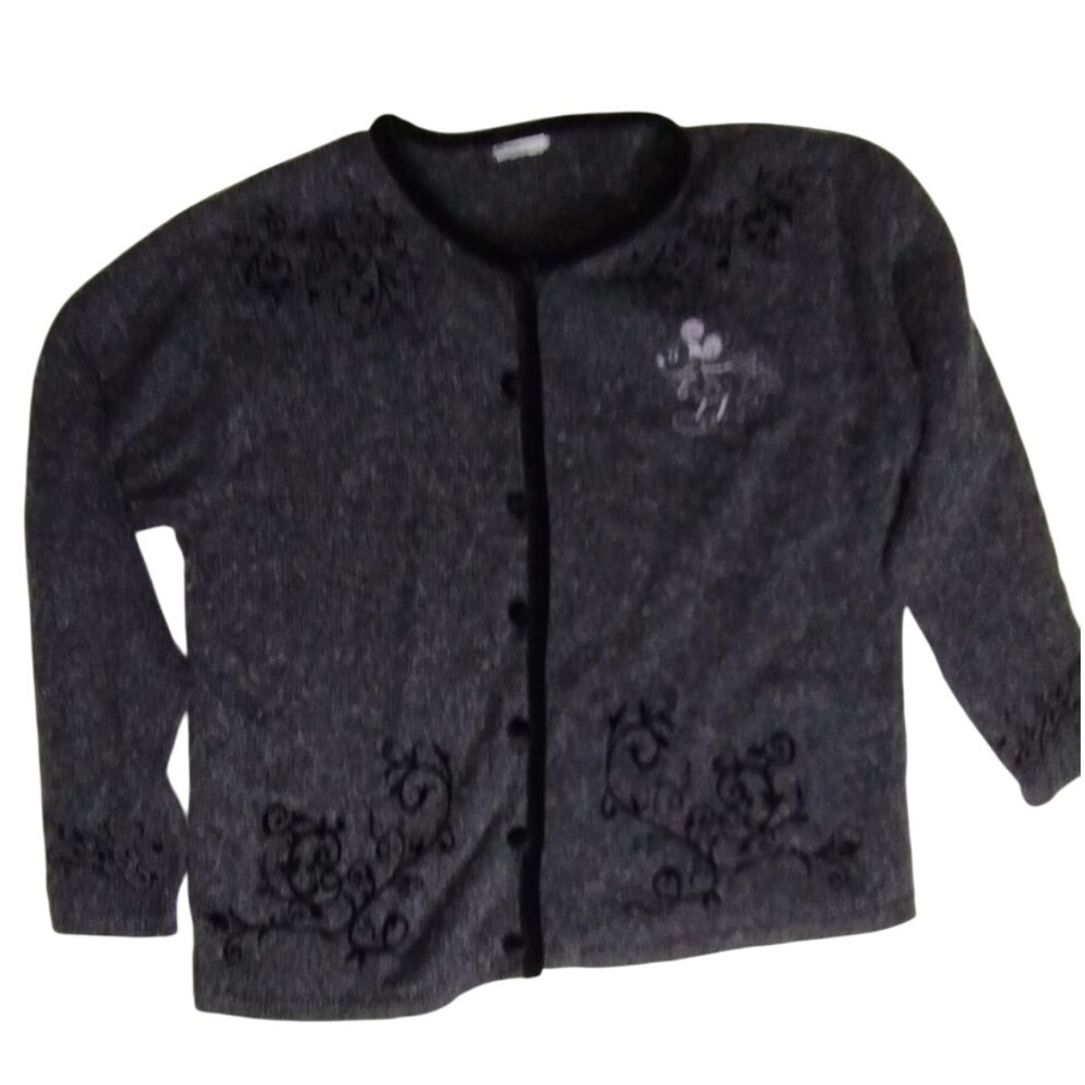 Disney Mickey Mouse‎ Cardigan Sweater Womens Gray Black Button Down Jacket